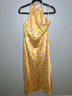 Hello Molly Yellow Honey Floral Midi Halter Dress Wedding Cocktail Vacation Larg